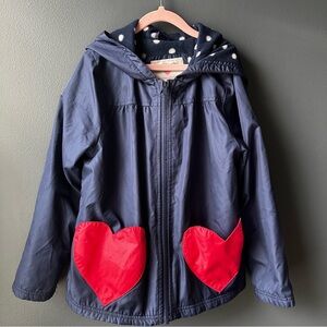 ☔️ CARTER’S girls Hooded Raincoat navy blue with Red Heart Pockets size 8 EUC